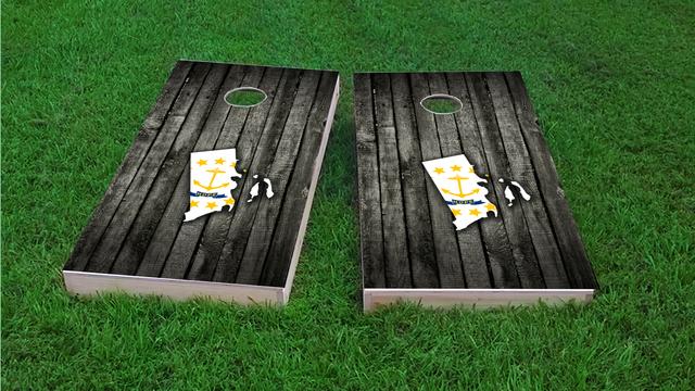 Wood Slate State Flag & Map (Rhode Island) Themed Custom Cornhole Board Design