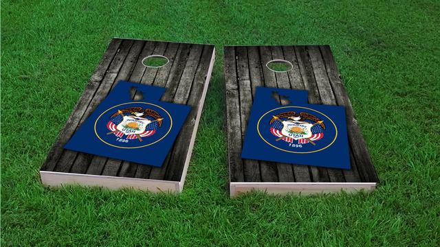 Wood Slate State Flag & Map (Utah) Themed Custom Cornhole Board Design