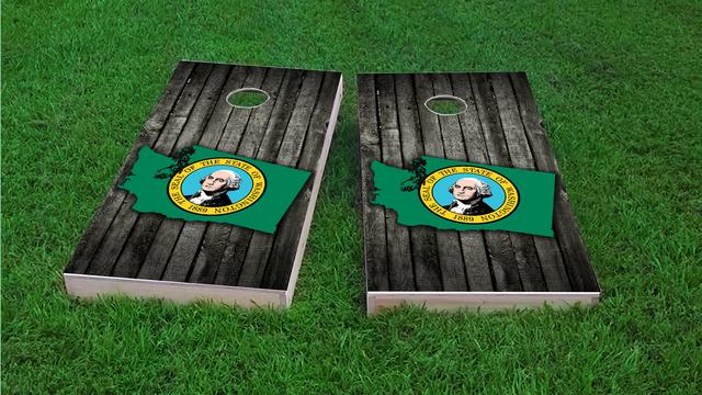 Wood Slate State Flag & Map (Washington) Themed Custom Cornhole Board Design