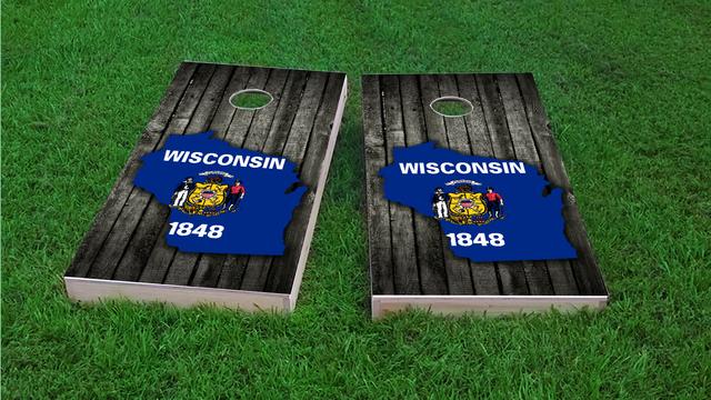 Wood Slate State Flag & Map (Wisconsin) Themed Custom Cornhole Board Design