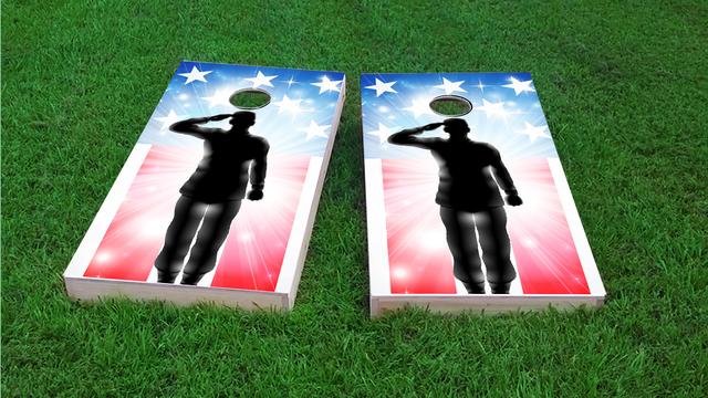 American Flag Soldier Salute Themed Custom Cornhole Board Design