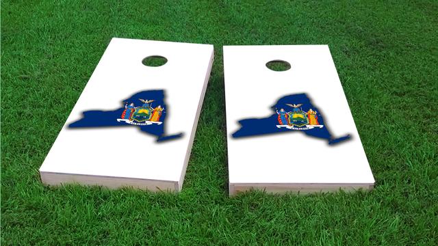 New York State Flag Outline (White Background) Themed Custom Cornhole Board Design