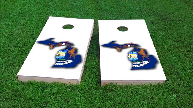 Michigan State Flag Outline (White Background) Themed Custom Cornhole Board Design