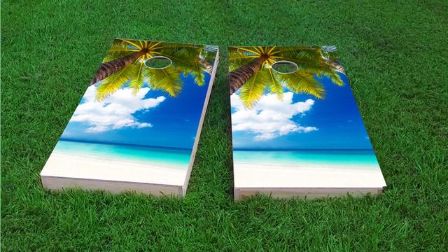 Palm Tree Overlooking the Beach Custom Cornhole Design