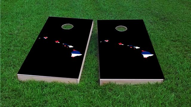 Hawaii State Flag Outline (Black Background) Themed Custom Cornhole Board Design