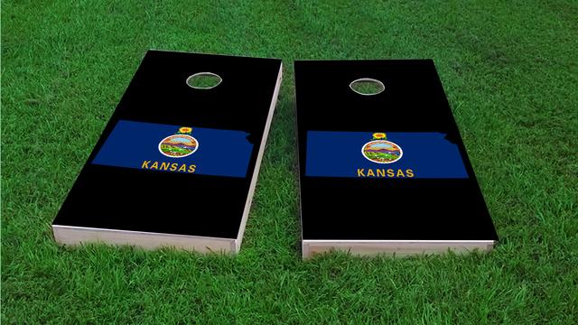 Kansas State Flag Outline (Black Background) Themed Custom Cornhole Board Design