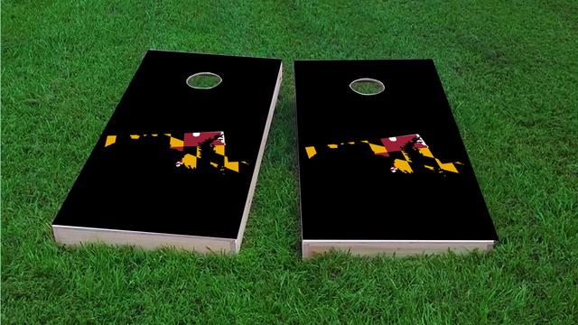 Maryland State Flag Outline (Black Background) Themed Custom Cornhole Board Design