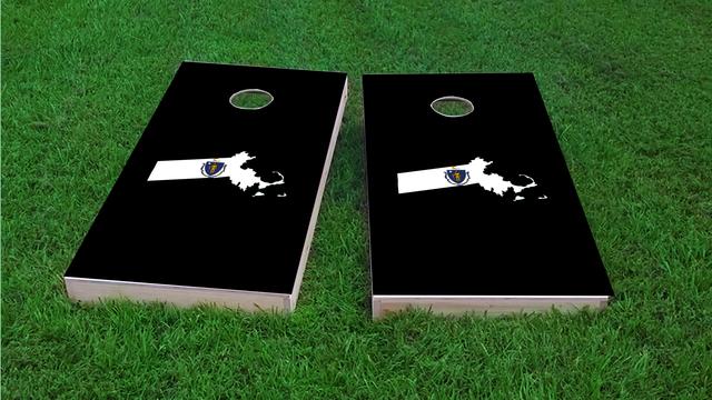 Massachusetts State Flag Outline (Black Background) Themed Custom Cornhole Board Design