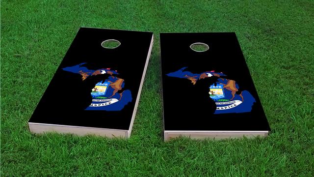 Michigan State Flag Outline (Black Background) Themed Custom Cornhole Board Design