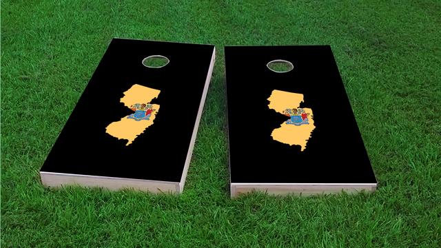 New Jersey State Flag Outline (Black Background) Themed Custom Cornhole Board Design