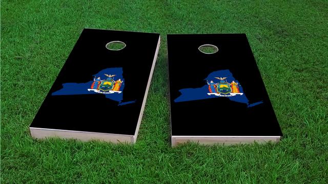 New York State Flag Outline (Black Background) Themed Custom Cornhole Board Design