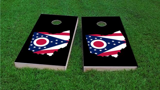 Ohio State Flag Outline (Black Background) Themed Custom Cornhole Board Design