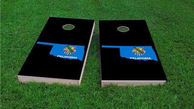 Oklahoma State Flag Outline (Black Background) Themed Custom Cornhole Board Design