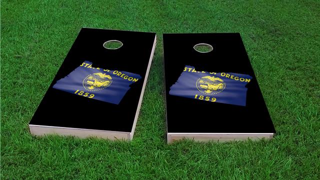 Oregon State Flag Outline (Black Background) Themed Custom Cornhole Board Design