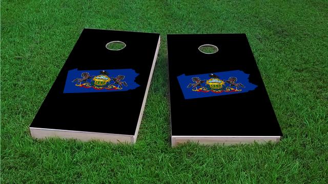 Pennsylvania State Flag Outline (Black Background) Themed Custom Cornhole Board Design