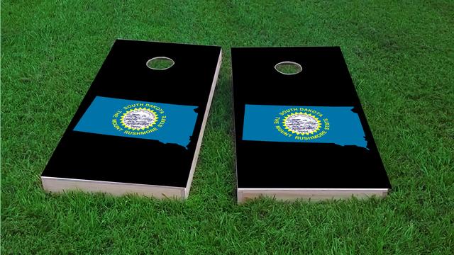 South Dakota State Flag Outline (Black Background) Themed Custom Cornhole Board Design