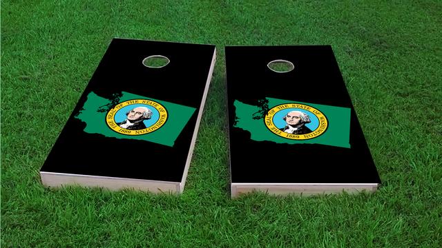 Washington State Flag Outline (Black Background) Themed Custom Cornhole Board Design