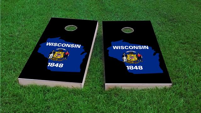  Wisconsin State Flag Outline (Black Background) Themed Custom Cornhole Board Design