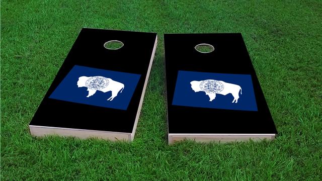 Wyoming State Flag Outline (Black Background) Themed Custom Cornhole Board Design