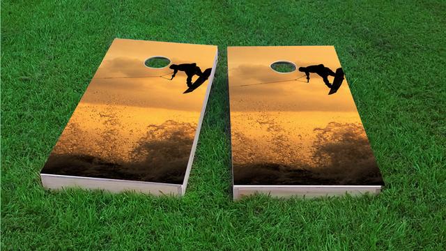 Sunset Wake boarding Themed Custom Cornhole Board Design