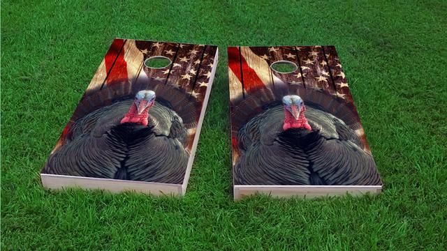 Patriotic Wood Slat with Turkey Themed Custom Cornhole Board Design