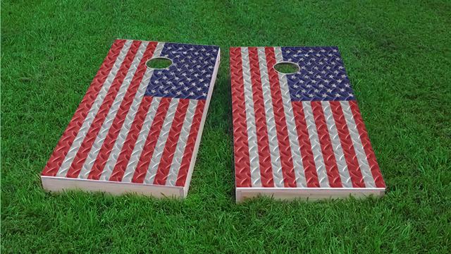 Diamond Plate American / US Flag Themed Custom Cornhole Boards Design