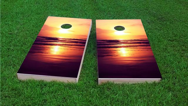 Orange Sunset On The Beach Themed Custom Cornhole Board Design