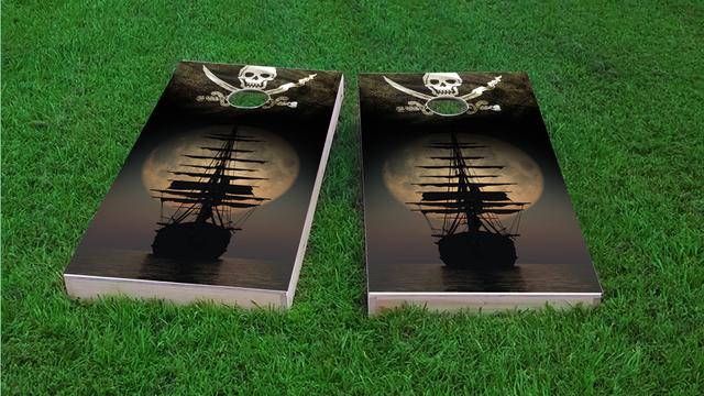 Pirate Ship on the Ocean In The Moonlight Themed Custom Cornhole Board Design