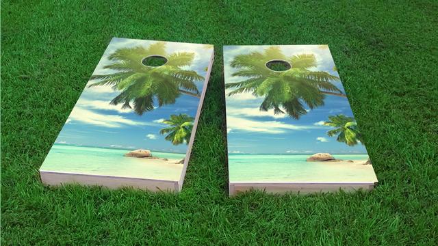 Palms Off The Beach on a Sunny Day Themed Custom Cornhole Board Design