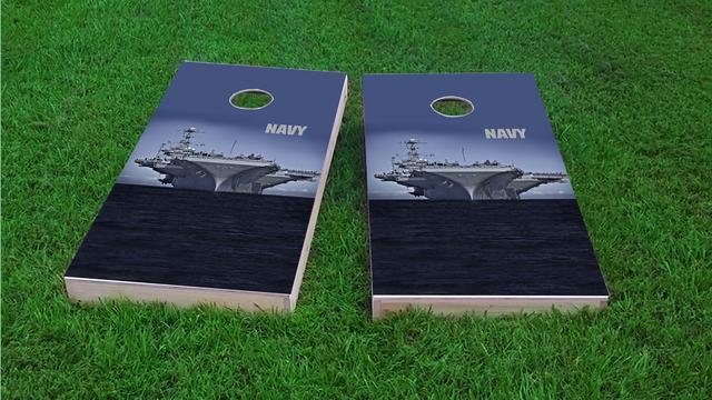 Navy Carrier on The Open Ocean Themed Custom Cornhole Board Design