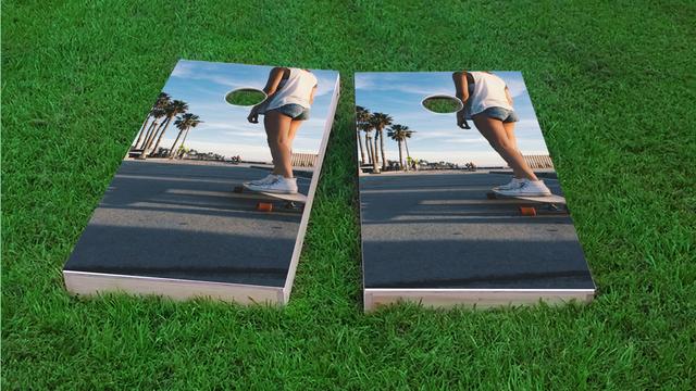 Sunny Day Skate Boarding Girl Themed Custom Cornhole Board Design