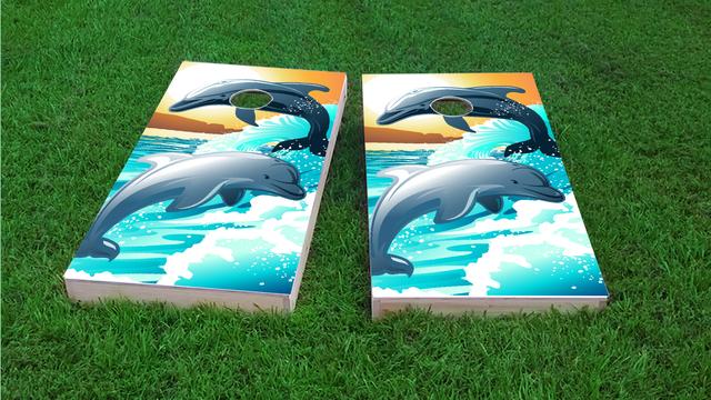 Dolphins Playing in the Oceans Waves / Surf Custom Cornhole Boards Design