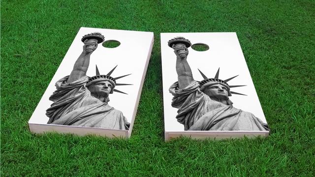 Lady Liberty Statue Themed Custom Cornhole Board Design