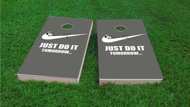 Just Do It Tomorrow  Procrastination Themed Custom Cornhole Board Design