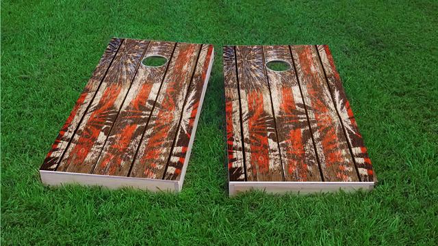 Distressed Wood Slat Patriotic Fireworks Themed Custom Cornhole Board Design