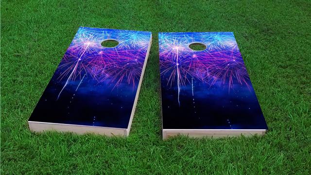 Starry Night Fireworks Show Themed Custom Cornhole Board Design