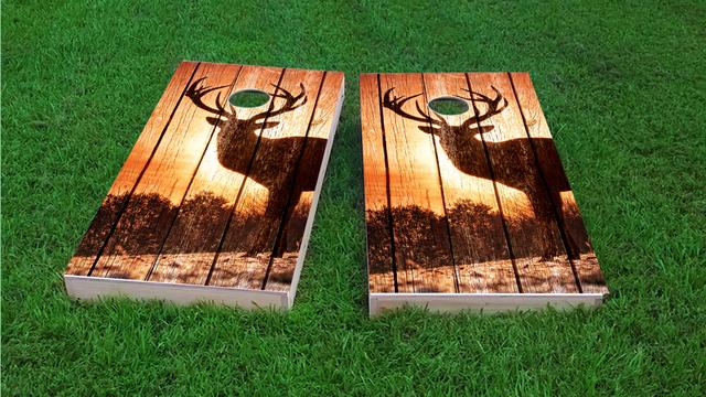 Sunrise Elk on Wood Slat Background Themed Custom Cornhole Board Design
