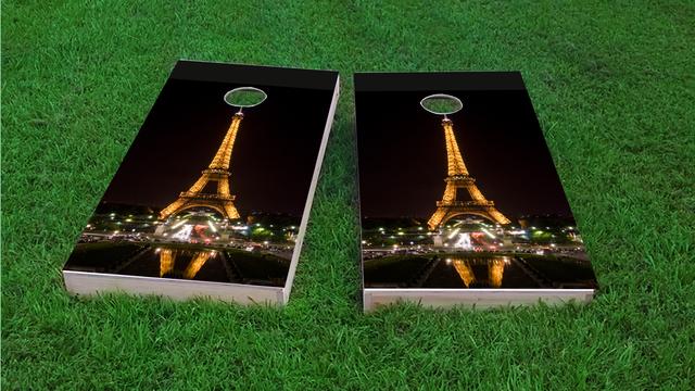 Eiffel Tower at Night in Paris France Themed Custom Cornhole Board Design