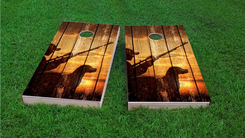 Sunrise Hunters With Wood Slat Background Themed Custom Cornhole Board Design
