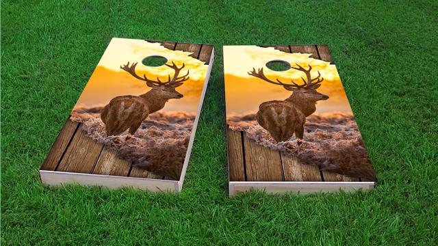 Torn Sunrise Buck With Wood Slat Background Themed Custom Cornhole Board Design