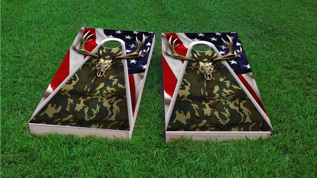 Camouflage Deer Mount With Flag Background Themed Custom Cornhole Board Design