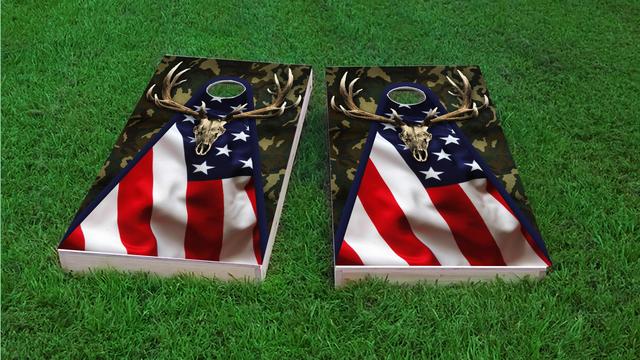 Patriotic Deer Mount With Camouflage Themed Custom Cornhole Board Design