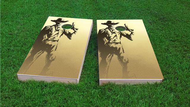 Old Time Gun Holding Cowboy Themed Custom Cornhole Board Design