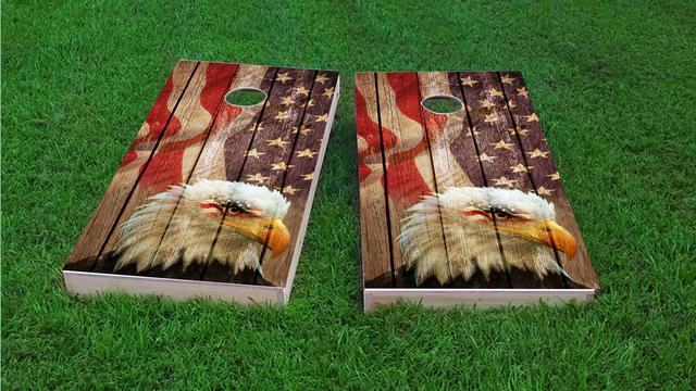 Weathered Woodslatt American Bald Eagle Themed Custom Cornhole Board Design