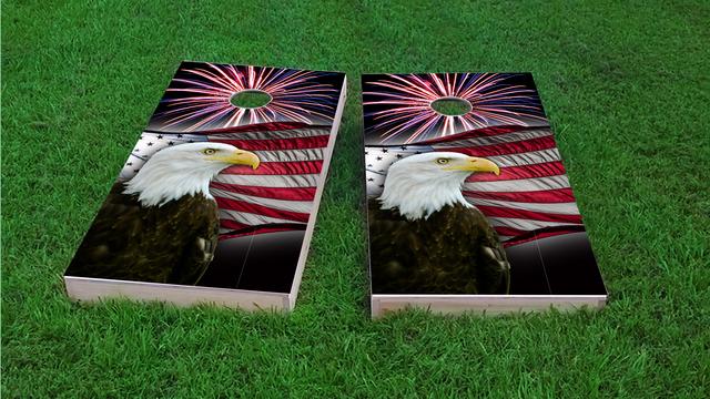 American Bald Eagle With Fireworks Themed Custom Cornhole Board Design