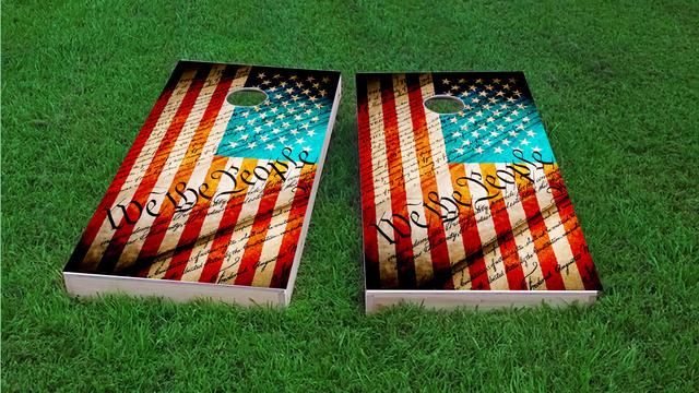 Worn American Flag (We The People) Themed Custom Cornhole Board Design