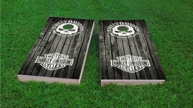 Harley Davidson Woodslat White Themed Custom Cornhole Board Design