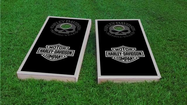 Harley Davidson Black and Gray Themed Custom Cornhole Board Design