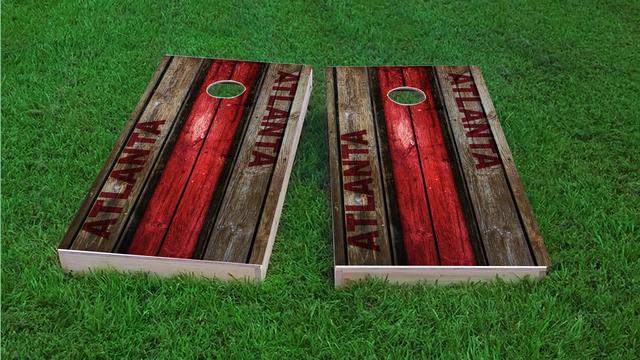 Woodslat Worn Atlanta Football Themed Custom Cornhole Board Design