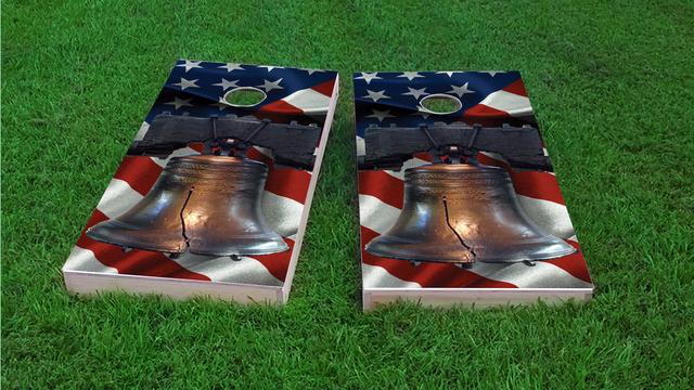 Cracked Liberty Bell Over-top American Flag Themed Custom Cornhole Board Design
